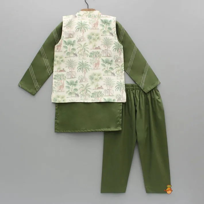 Sale Green Kurta And Printed Jacket With Pyjama BOY Indian Ethnic Wear | Ethnic Sets