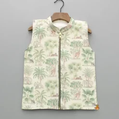Sale Green Kurta And Printed Jacket With Pyjama BOY Indian Ethnic Wear | Ethnic Sets