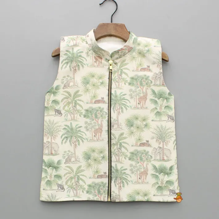 Sale Green Kurta And Printed Jacket With Pyjama BOY Indian Ethnic Wear | Ethnic Sets