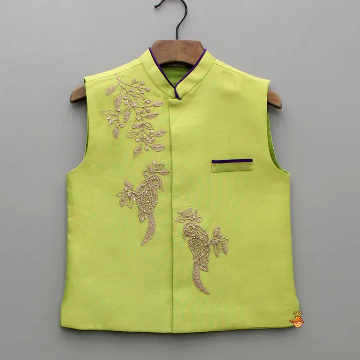 New Green Kurta With Bird Embroidered Jacket And Pyjama BOY Indian Ethnic Wear | Ethnic Sets
