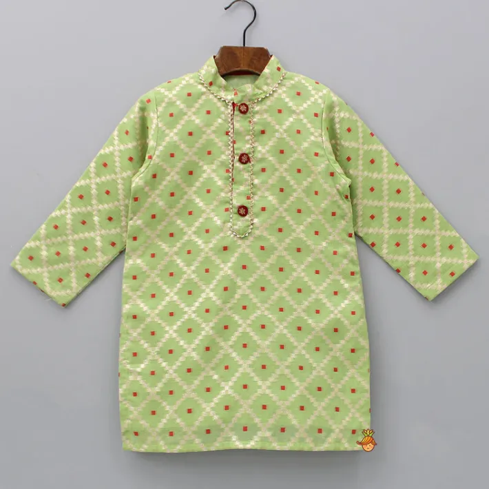 Outlet Green Kurta With Checks Embroidery And White Pyjama BOY Indian Ethnic Wear | Ethnic Sets