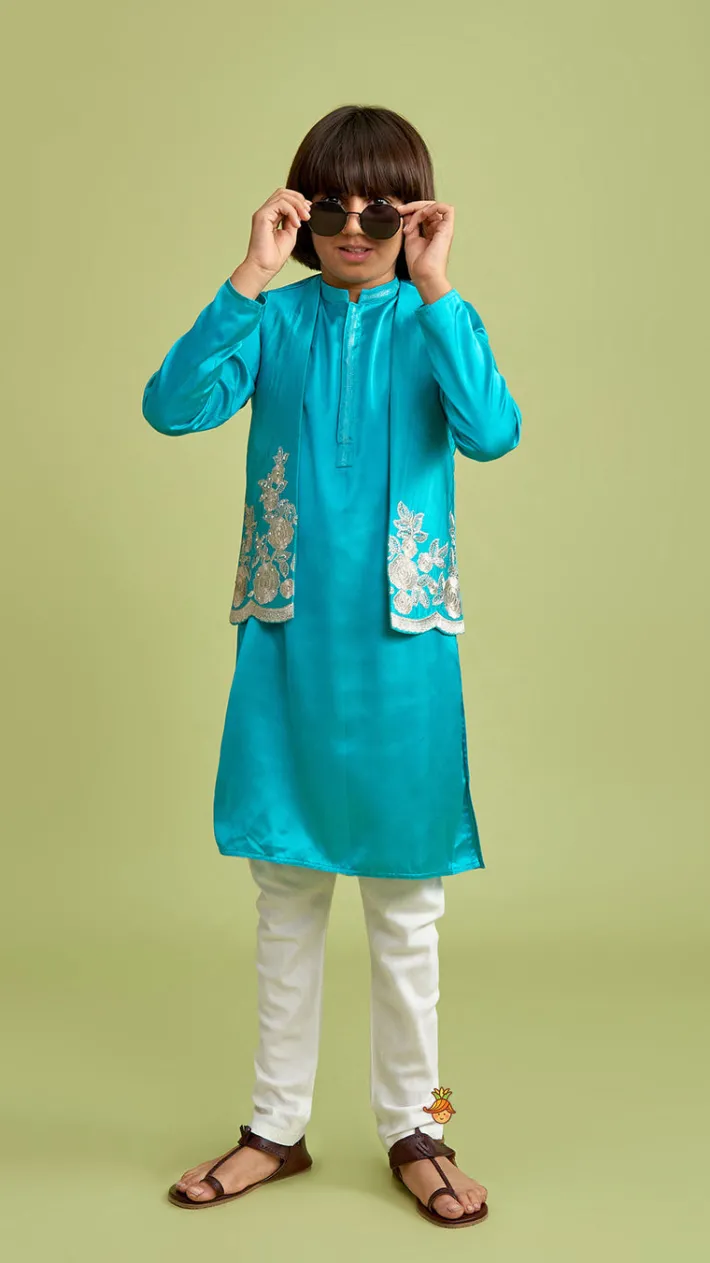 Best Green Kurta With Embroidered Open Jacket And Pyjama BOY Twinning Sets | Indian Ethnic Wear
