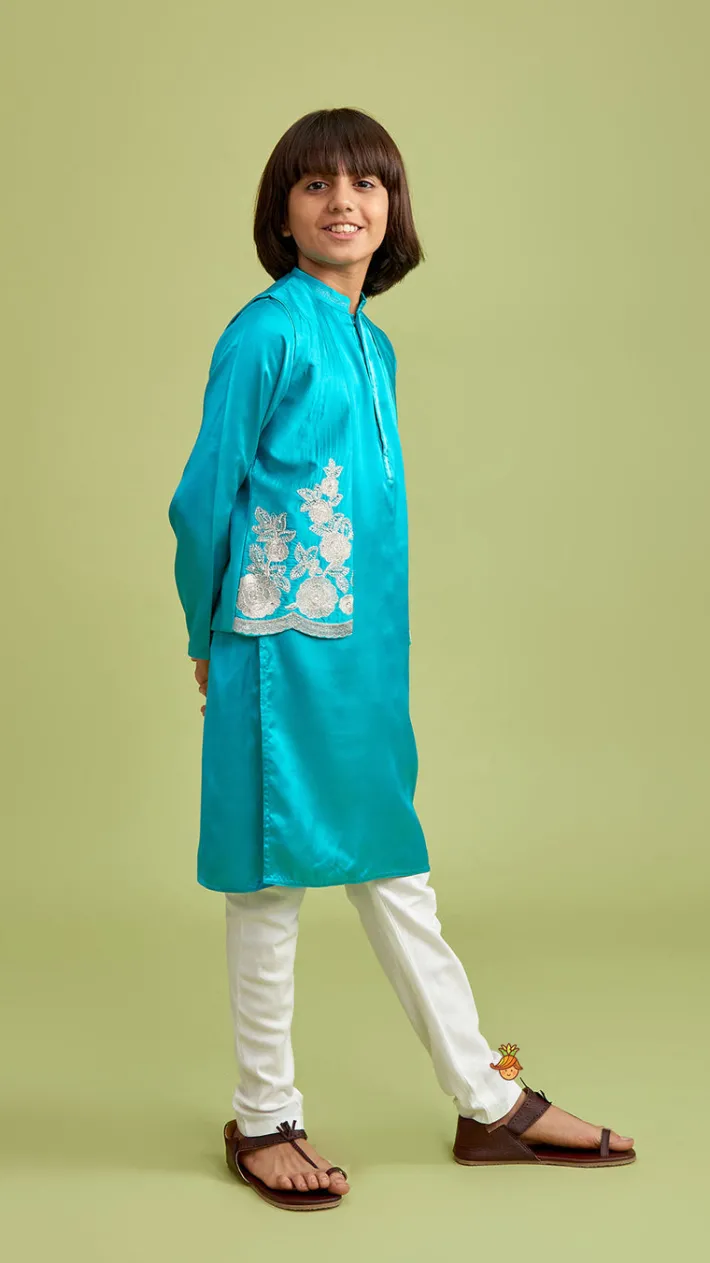 Best Green Kurta With Embroidered Open Jacket And Pyjama BOY Twinning Sets | Indian Ethnic Wear