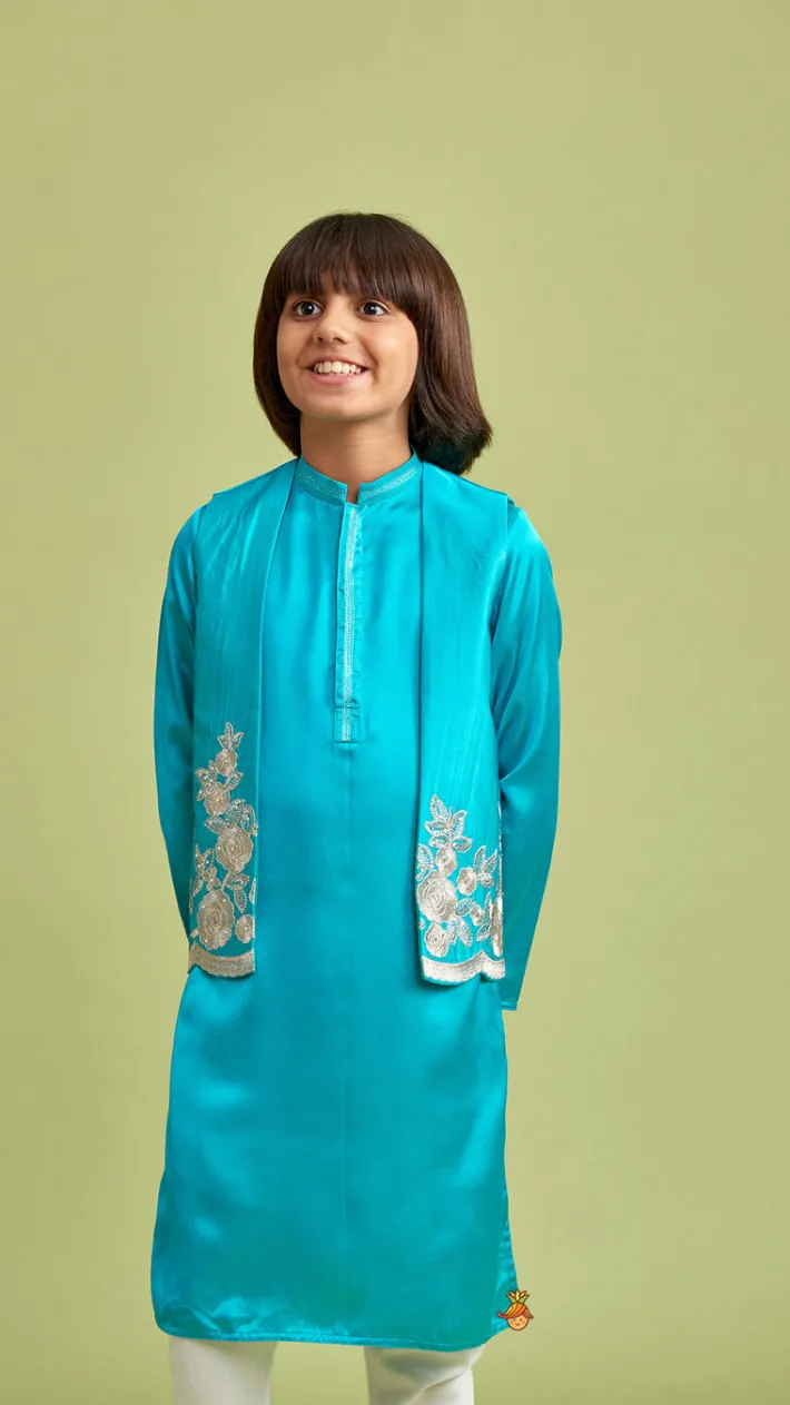 Best Green Kurta With Embroidered Open Jacket And Pyjama BOY Twinning Sets | Indian Ethnic Wear
