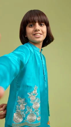 Best Green Kurta With Embroidered Open Jacket And Pyjama BOY Twinning Sets | Indian Ethnic Wear