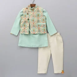 Discount Green Kurta With Multicolour Printed Jacket And Pant BOY Indian Ethnic Wear | Ethnic Sets