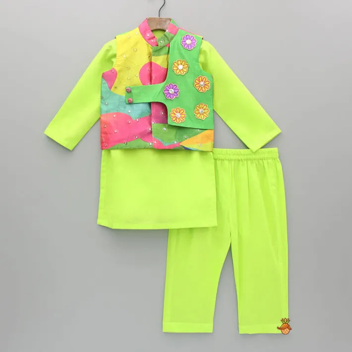 Sale Green Kurta With Multicoloured Printed Jacket And Pyjama BOY Indian Ethnic Wear | Ethnic Sets