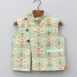 Discount Green Kurta With Multicolour Printed Jacket And Pant BOY Indian Ethnic Wear | Ethnic Sets
