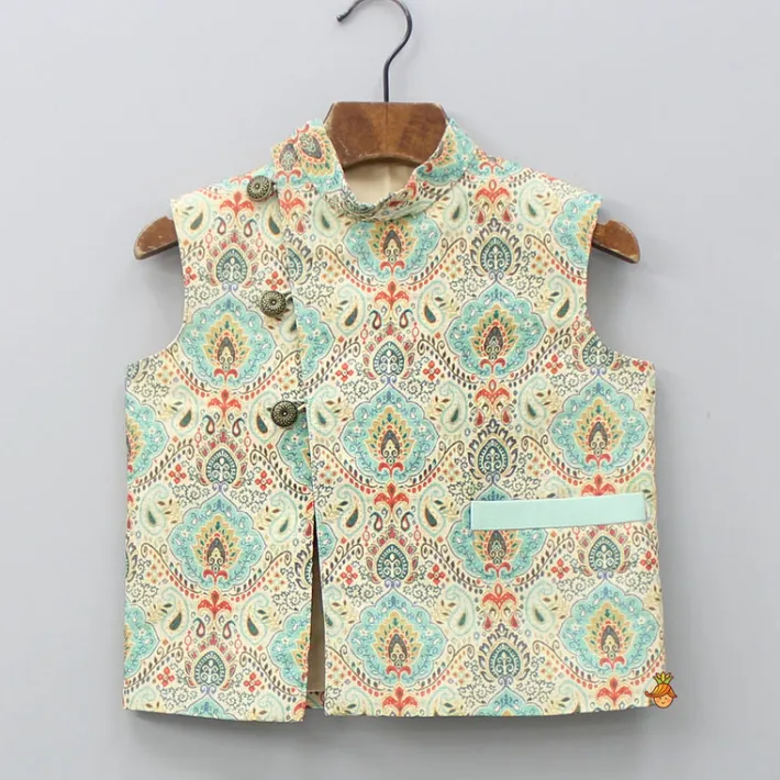 Discount Green Kurta With Multicolour Printed Jacket And Pant BOY Indian Ethnic Wear | Ethnic Sets
