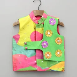 Sale Green Kurta With Multicoloured Printed Jacket And Pyjama BOY Indian Ethnic Wear | Ethnic Sets