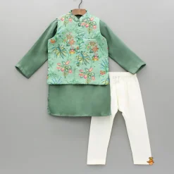 Discount Green Kurta With Printed Jacket And Pyjama BOY Indian Ethnic Wear | Ethnic Sets