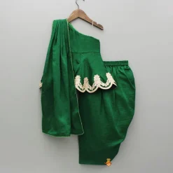 New Green Lace Embroidered One Shoulder Top With Attached Pleated Dupatta And Stylish Dhoti Skirt Ethnic Wear | Dhotis & Patialas