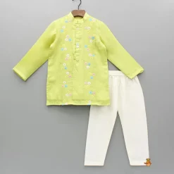 Clearance Green Multicolour Floral Embroidered Kurta And Pyjama BOY Indian Ethnic Wear | Ethnic Sets