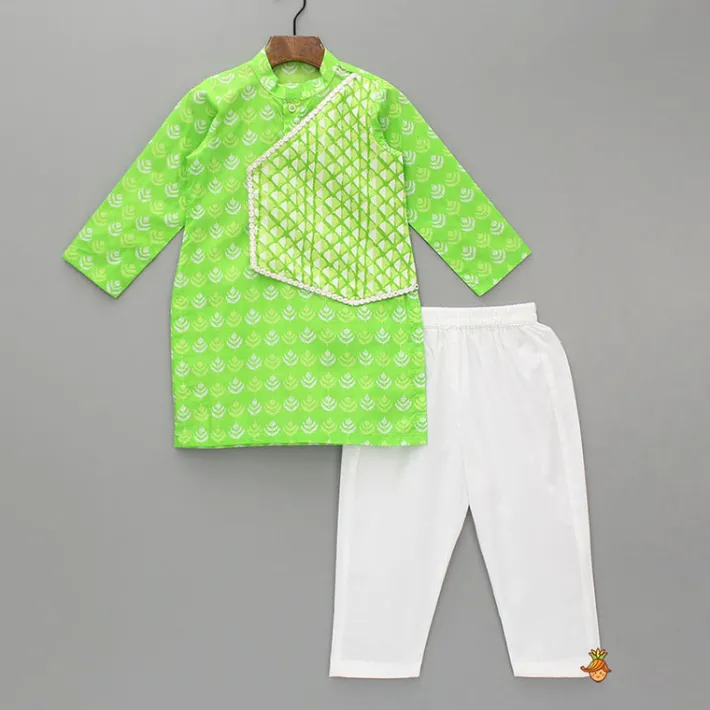 Hot Green Printed Kurta With One Side Flap And Pyjama BOY Indian Ethnic Wear | Ethnic Sets