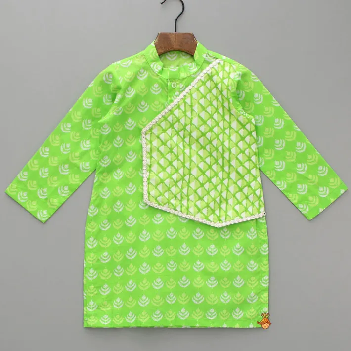 Hot Green Printed Kurta With One Side Flap And Pyjama BOY Indian Ethnic Wear | Ethnic Sets