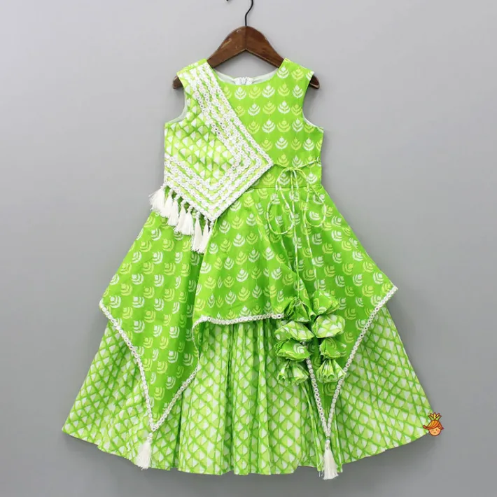 Clearance Green Printed Kurti With Faux Mirror Work Flap Ethnic Wear | Kurtis & Jumpsuits
