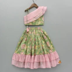 Online Green Printed One Shoulder Frilly Top And Lehenga Ethnic Wear | Lehengas & Ghagras