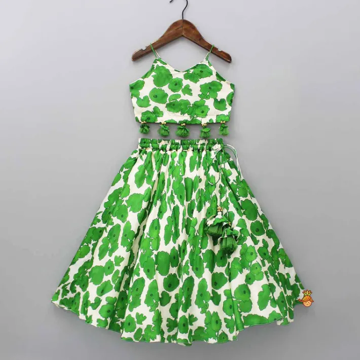 Fashion Green Printed Strappy Crop Top With Lehenga Ethnic Wear | Lehengas & Ghagras