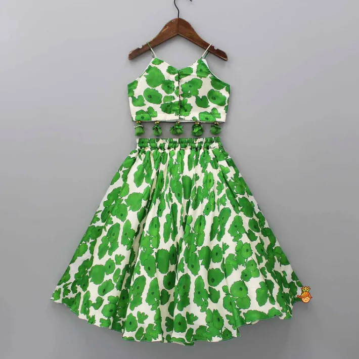 Fashion Green Printed Strappy Crop Top With Lehenga Ethnic Wear | Lehengas & Ghagras