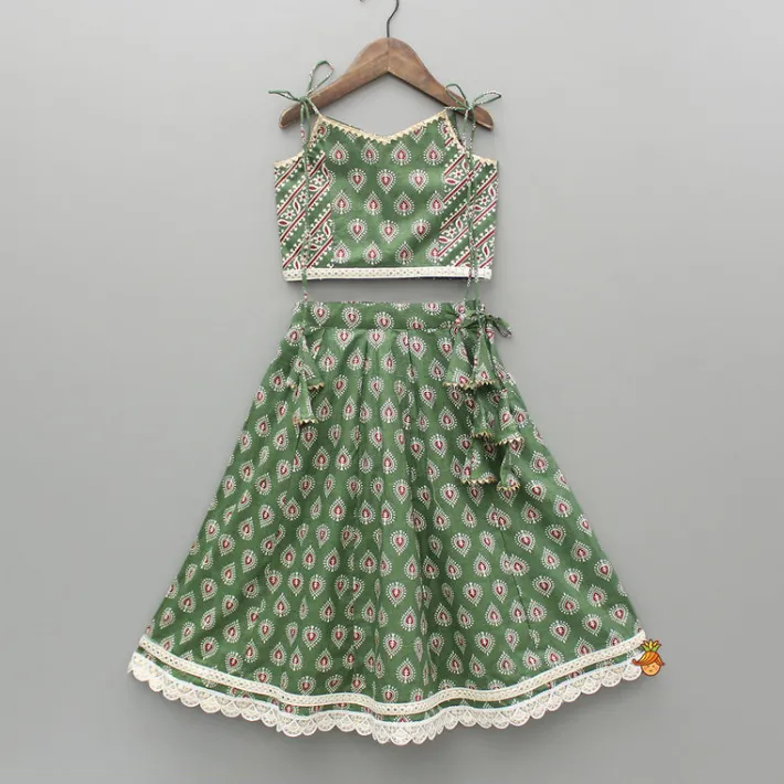 Hot Green Printed Tie Up Strap Top And Lehenga Ethnic Wear | Lehengas & Ghagras