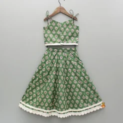 Hot Green Printed Tie Up Strap Top And Lehenga Ethnic Wear | Lehengas & Ghagras