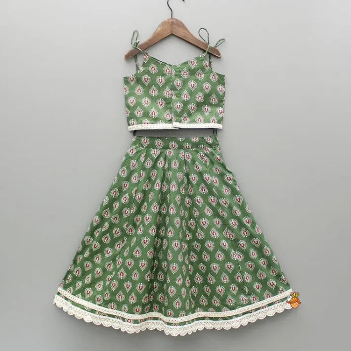 Hot Green Printed Tie Up Strap Top And Lehenga Ethnic Wear | Lehengas & Ghagras