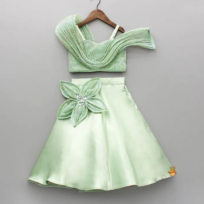 Clearance Green Sequin Embellished Strappy Top With Stiff Belt And Lehenga Ethnic Wear | Lehengas & Ghagras