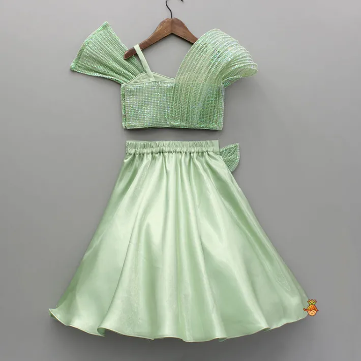 Clearance Green Sequin Embellished Strappy Top With Stiff Belt And Lehenga Ethnic Wear | Lehengas & Ghagras