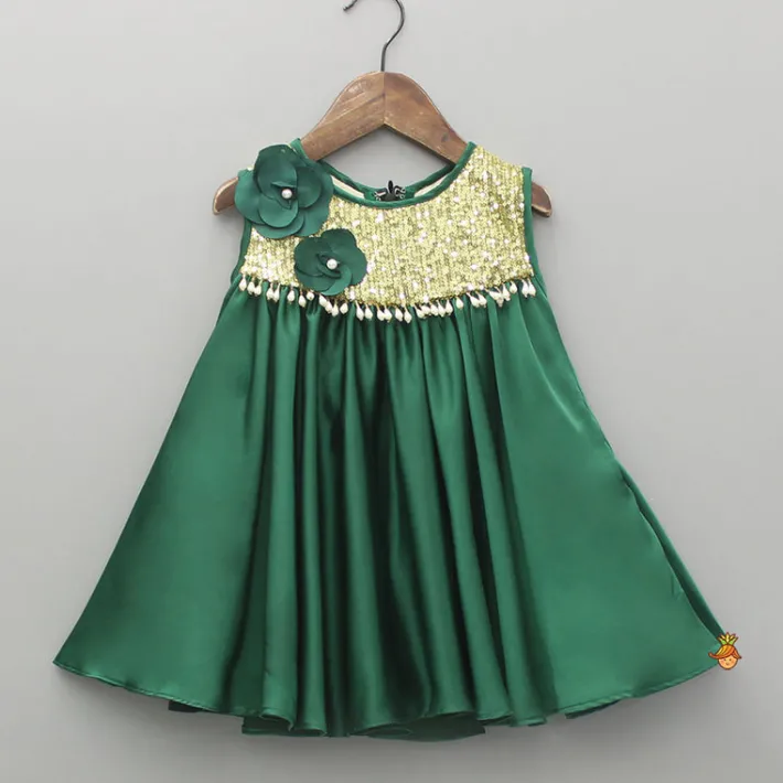 New Green Sequin Yoke Embellished Flared Dress Dresses & Sets | Dresses