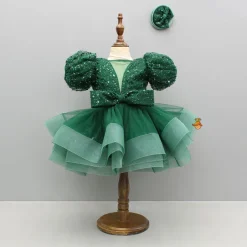 Fashion Green Sequined Ruffled Dress With Bows And Matching Swirled Bow Hairclip Dresses & Sets | Dresses
