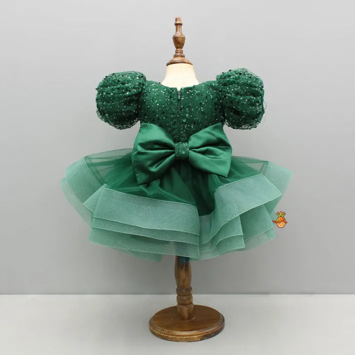 Fashion Green Sequined Ruffled Dress With Bows And Matching Swirled Bow Hairclip Dresses & Sets | Dresses