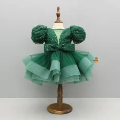 Fashion Green Sequined Ruffled Dress With Bows And Matching Swirled Bow Hairclip Dresses & Sets | Dresses