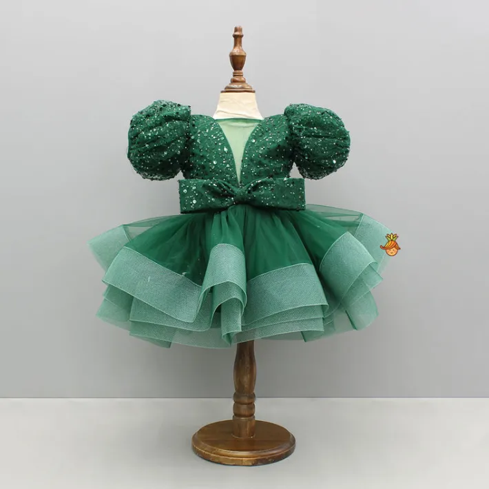 Fashion Green Sequined Ruffled Dress With Bows And Matching Swirled Bow Hairclip Dresses & Sets | Dresses