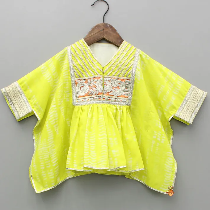 Online Green Shibori Printed Embellished Kaftan Top And Multicolour Sharara With Dupatta Ethnic Wear | Palazzos & Shararas