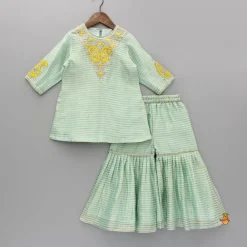 Discount Green Striped Embroidered Kurti And Pleated Sharara Ethnic Wear | Palazzos & Shararas