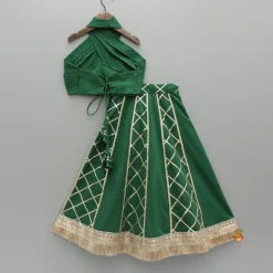 Hot Green Stylish Overlap Halter Neck Gota Lace Detailed Top And Lehenga With Dupatta Ethnic Wear | Lehengas & Ghagras