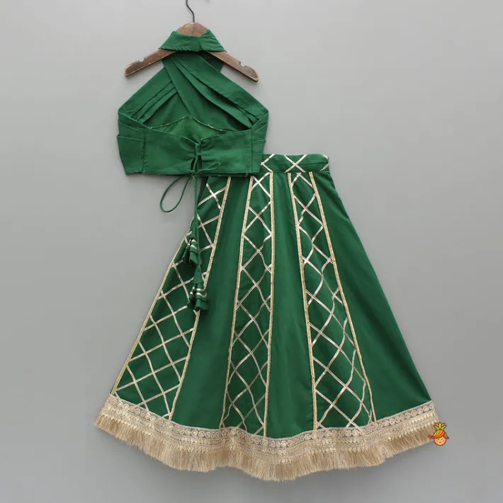 Hot Green Stylish Overlap Halter Neck Gota Lace Detailed Top And Lehenga With Dupatta Ethnic Wear | Lehengas & Ghagras