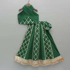 Hot Green Stylish Overlap Halter Neck Gota Lace Detailed Top And Lehenga With Dupatta Ethnic Wear | Lehengas & Ghagras
