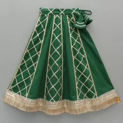 Hot Green Stylish Overlap Halter Neck Gota Lace Detailed Top And Lehenga With Dupatta Ethnic Wear | Lehengas & Ghagras