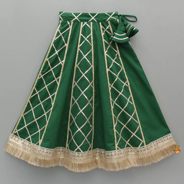 Hot Green Stylish Overlap Halter Neck Gota Lace Detailed Top And Lehenga With Dupatta Ethnic Wear | Lehengas & Ghagras