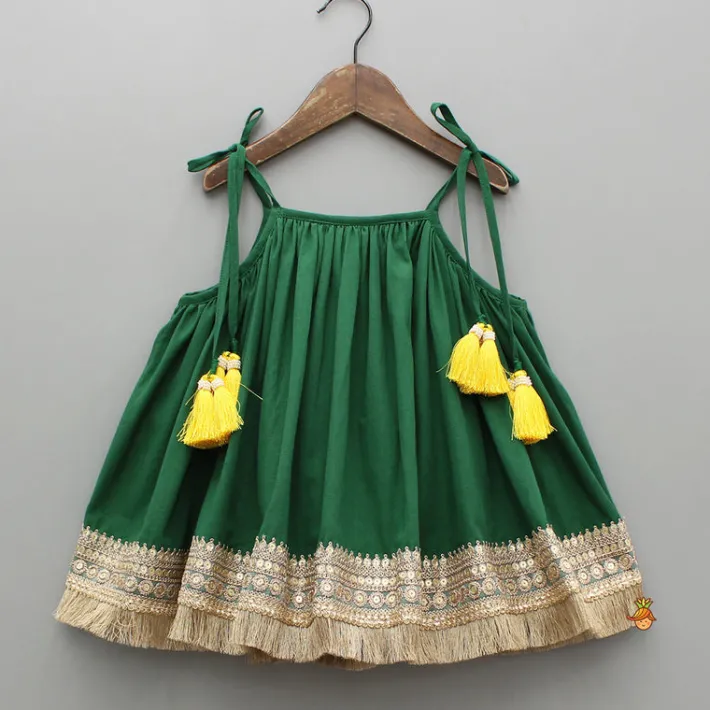 Outlet Green Tie Up Strap Top And Flared Palazzo Ethnic Wear | Palazzos & Shararas