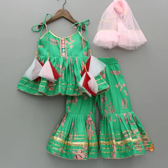 Outlet Green Top And Sharara With Pink Floral Prints And Net Dupatta Ethnic Wear | Palazzos & Shararas