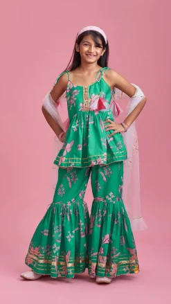 Outlet Green Top And Sharara With Pink Floral Prints And Net Dupatta Ethnic Wear | Palazzos & Shararas