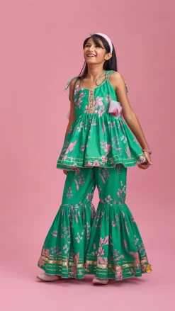 Outlet Green Top And Sharara With Pink Floral Prints And Net Dupatta Ethnic Wear | Palazzos & Shararas