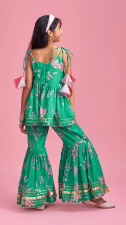 Outlet Green Top And Sharara With Pink Floral Prints And Net Dupatta Ethnic Wear | Palazzos & Shararas