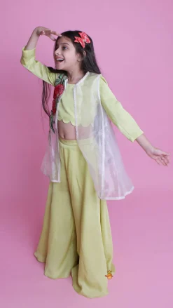 Clearance Green Top With Embroidered Applique Jacket And Palazzo Ethnic Wear | Palazzos & Shararas