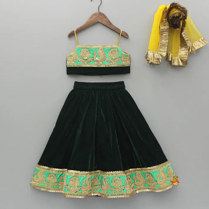 Discount Green Velvet Embroidered Strappy Top And Lehenga With Fringed Dupatta Ethnic Wear | Lehengas & Ghagras