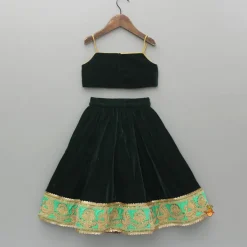Discount Green Velvet Embroidered Strappy Top And Lehenga With Fringed Dupatta Ethnic Wear | Lehengas & Ghagras