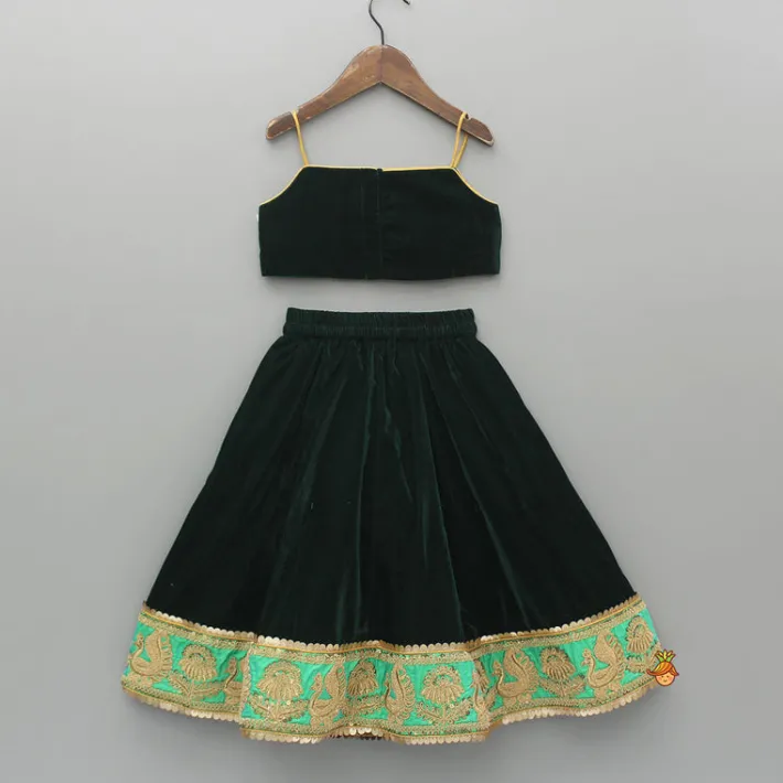 Discount Green Velvet Embroidered Strappy Top And Lehenga With Fringed Dupatta Ethnic Wear | Lehengas & Ghagras