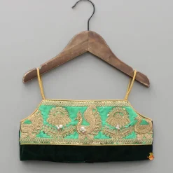 Discount Green Velvet Embroidered Strappy Top And Lehenga With Fringed Dupatta Ethnic Wear | Lehengas & Ghagras